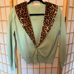 Vintage Mint Cardigan with Leopard Print Collar